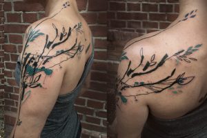 Lina Tattoo Arm Shoulder Blade Leaves Branches