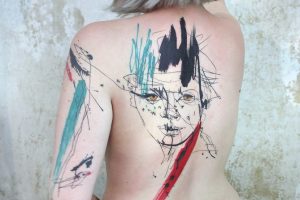 Lina Tattoo Back Face Drawing Black Green Red Strokes Painting